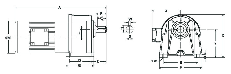 GH卧式三相高速比缩框型(刹车)减速马达齿轮减速电机图纸